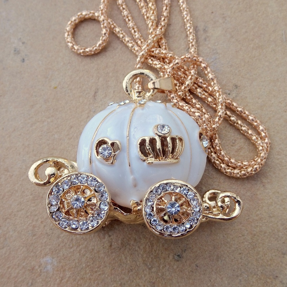 White Enamel Carriage & Jewel Cinderella Fairytale Statement Necklace - Picture 5 of 8